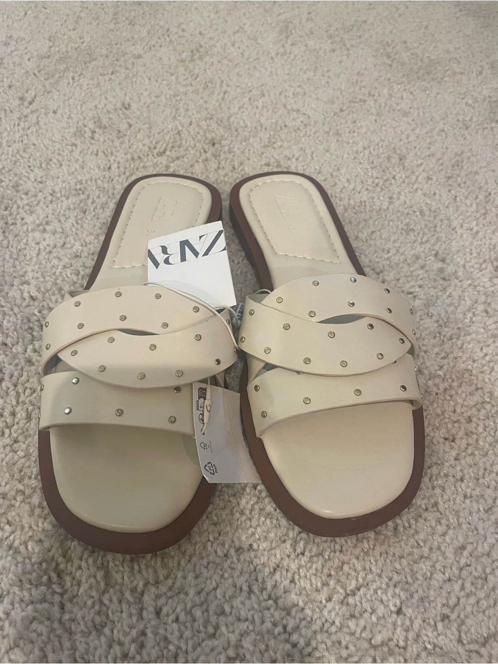 Zara Beige Double-Strap Studded Slide Sandals NWT